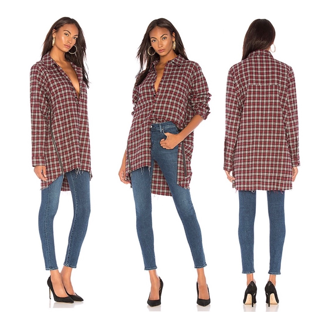 One Teaspoon Upsized Checkered Shirt Side Zip Fray